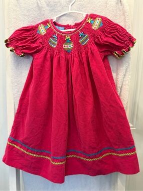 Anavini Girls Pink Corduroy Smocked Holiday Dress with Embroidered Ornaments 2T